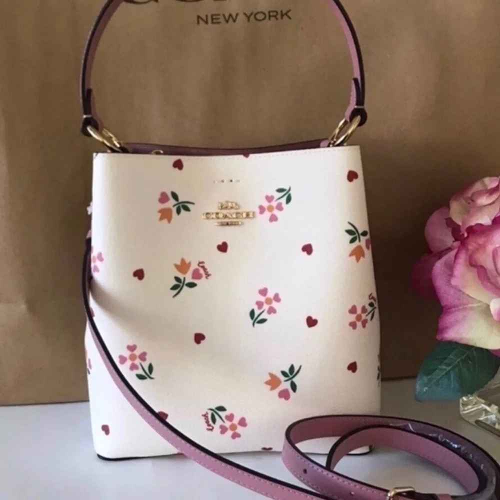 Coach Small Town Bucket Pink Leather Signature Canvas Heart Petal Print Chalk